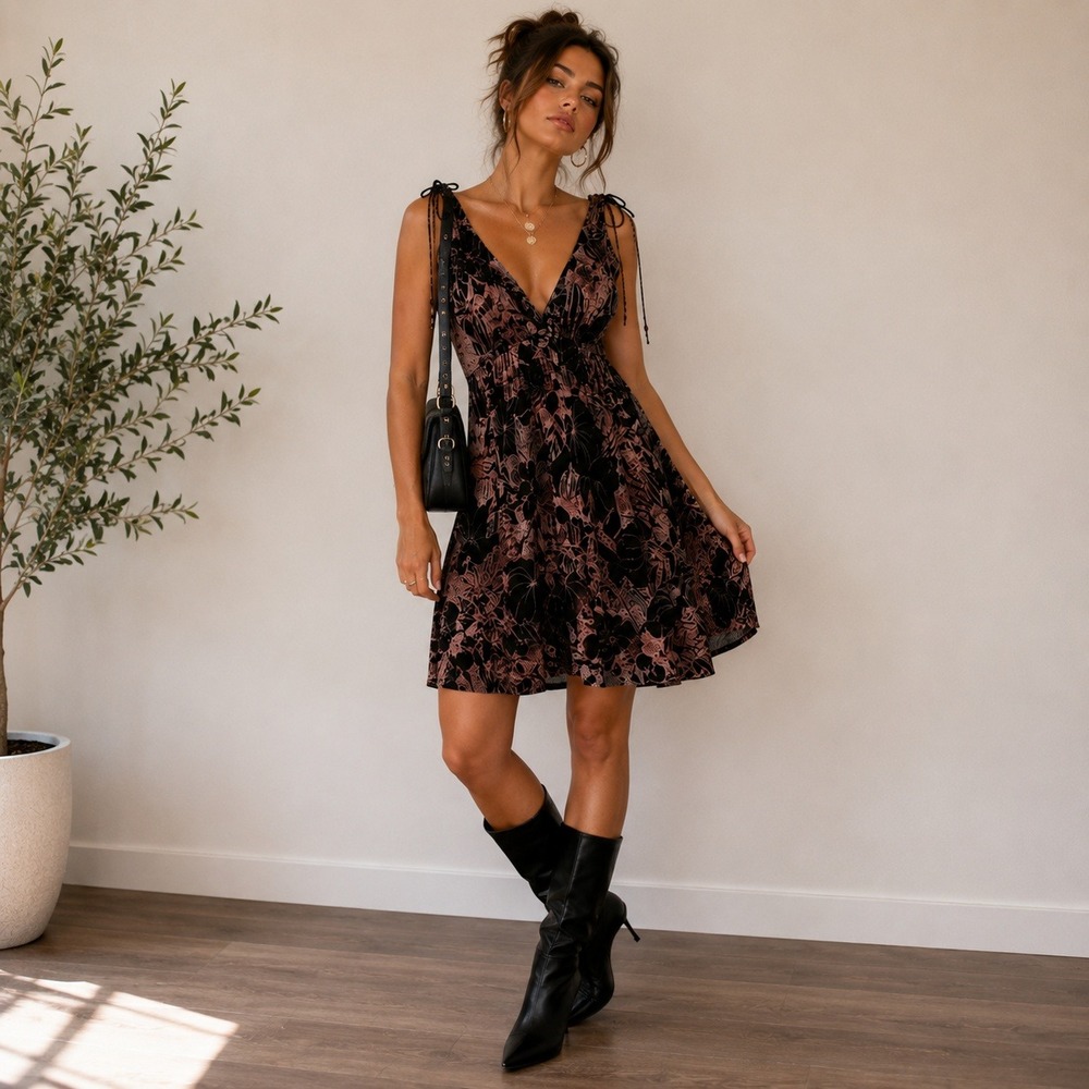 Speechless Dress M Brown Terracotta Tropical Leaf Smocked Waist Shoulder Ties